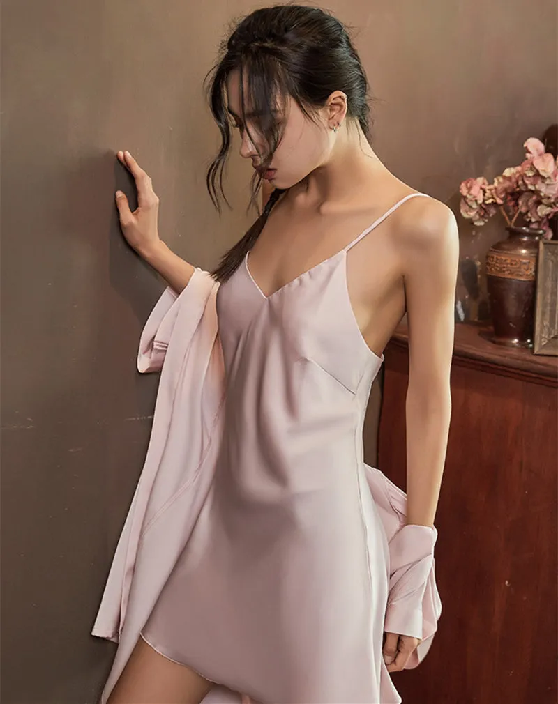 Women Sexy Solid Color Ice Silk Nightgown Sling Dress Two-Piece Set 2132