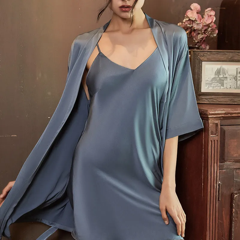 Women Sexy Solid Color Ice Silk Nightgown Sling Dress Two-Piece Set 2132