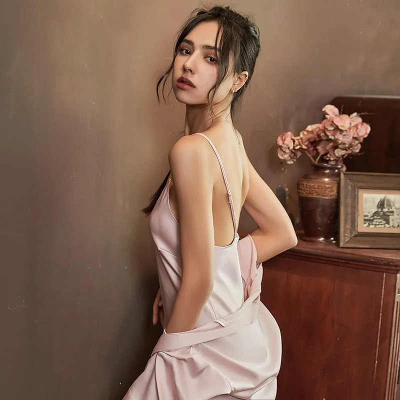 Women Sexy Solid Color Ice Silk Nightgown Sling Dress Two-Piece Set 2132