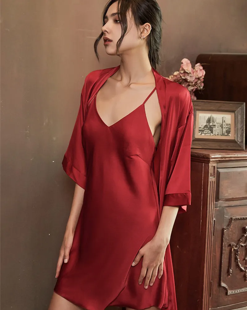 Women Sexy Solid Color Ice Silk Nightgown Sling Dress Two-Piece Set 2132