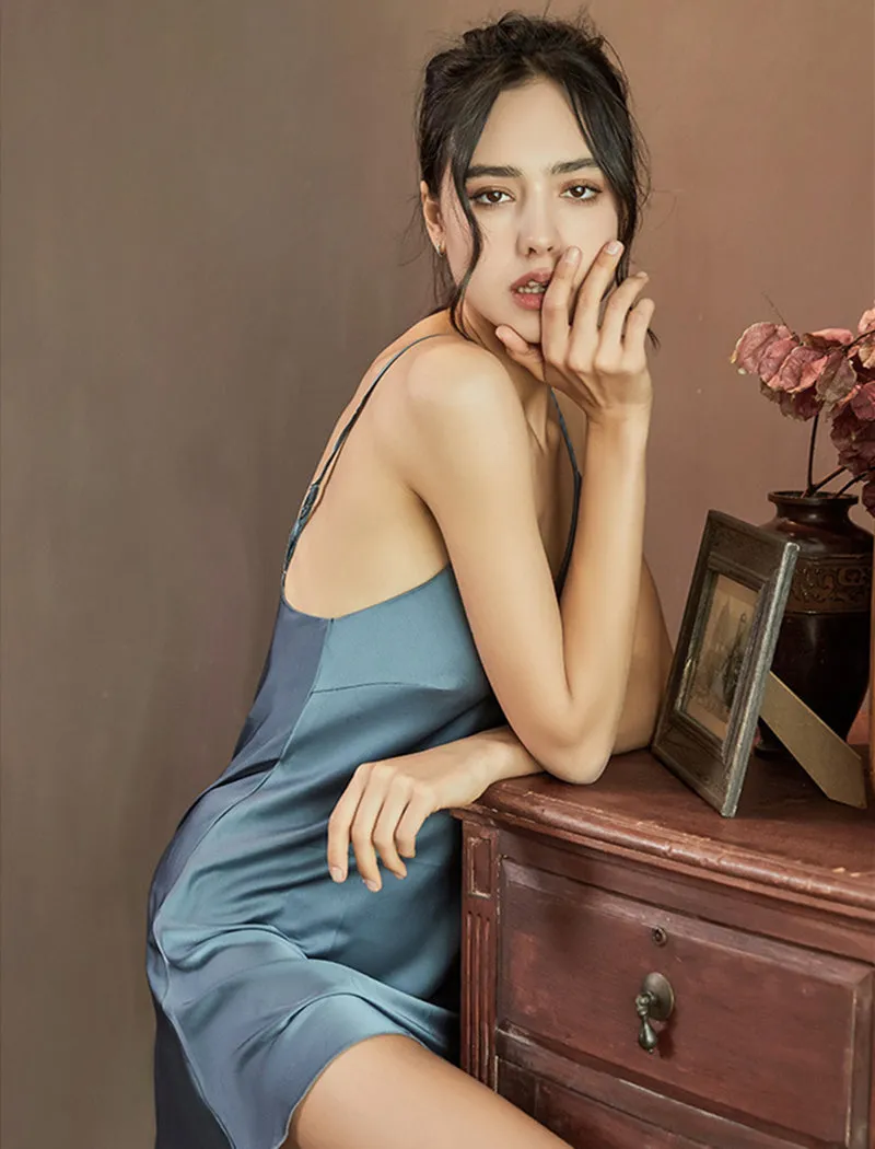 Women Sexy Solid Color Ice Silk Nightgown Sling Dress Two-Piece Set 2132