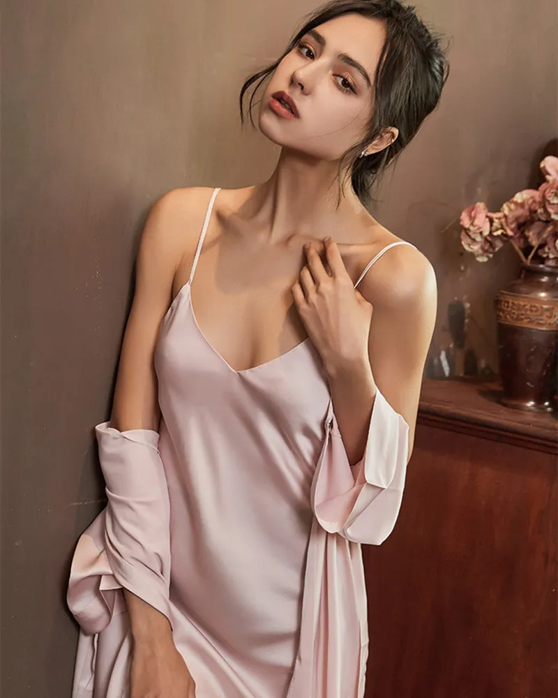 Women Sexy Solid Color Ice Silk Nightgown Sling Dress Two-Piece Set 2132