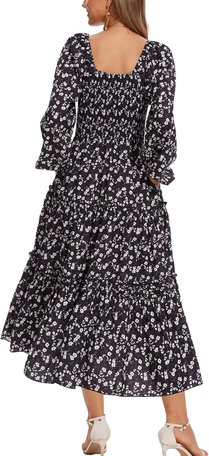 Women's Puff Long Sleeve Smocked Dress Boho Floral Tiered Square Neck Ruffle Flowy Midi Dresses with Pockets