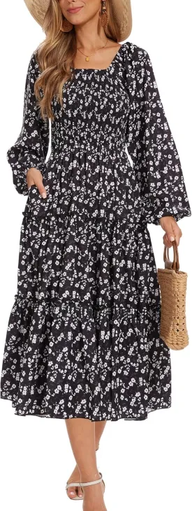 Women's Puff Long Sleeve Smocked Dress Boho Floral Tiered Square Neck Ruffle Flowy Midi Dresses with Pockets