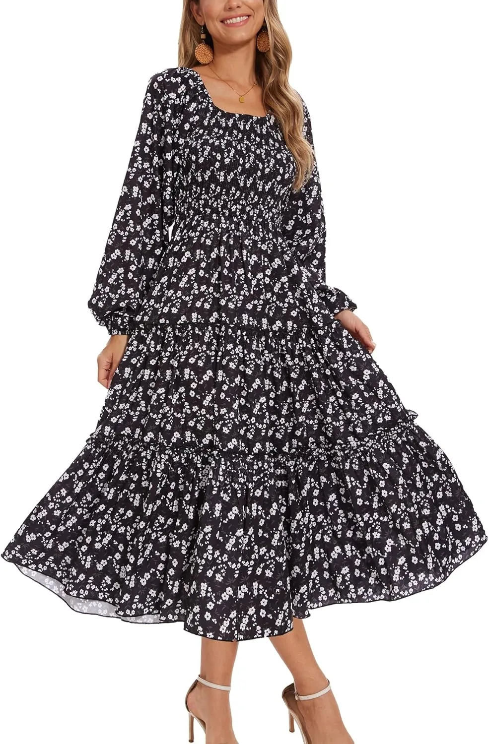 Women's Puff Long Sleeve Smocked Dress Boho Floral Tiered Square Neck Ruffle Flowy Midi Dresses with Pockets