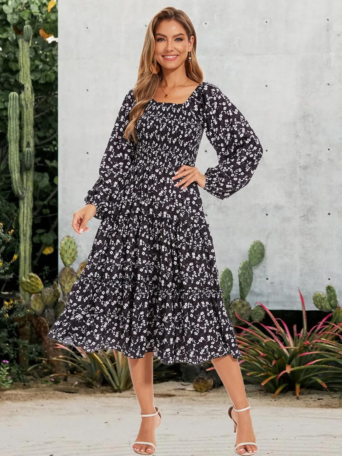 Women's Puff Long Sleeve Smocked Dress Boho Floral Tiered Square Neck Ruffle Flowy Midi Dresses with Pockets