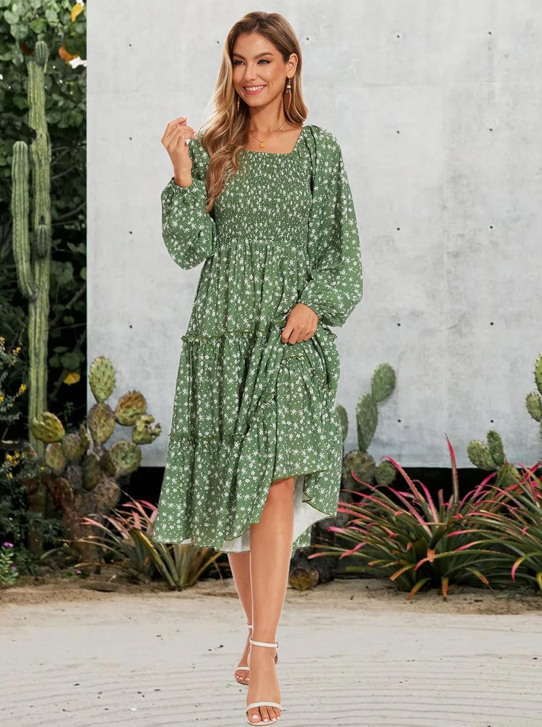 Women's Puff Long Sleeve Smocked Dress Boho Floral Tiered Square Neck Ruffle Flowy Midi Dresses with Pockets