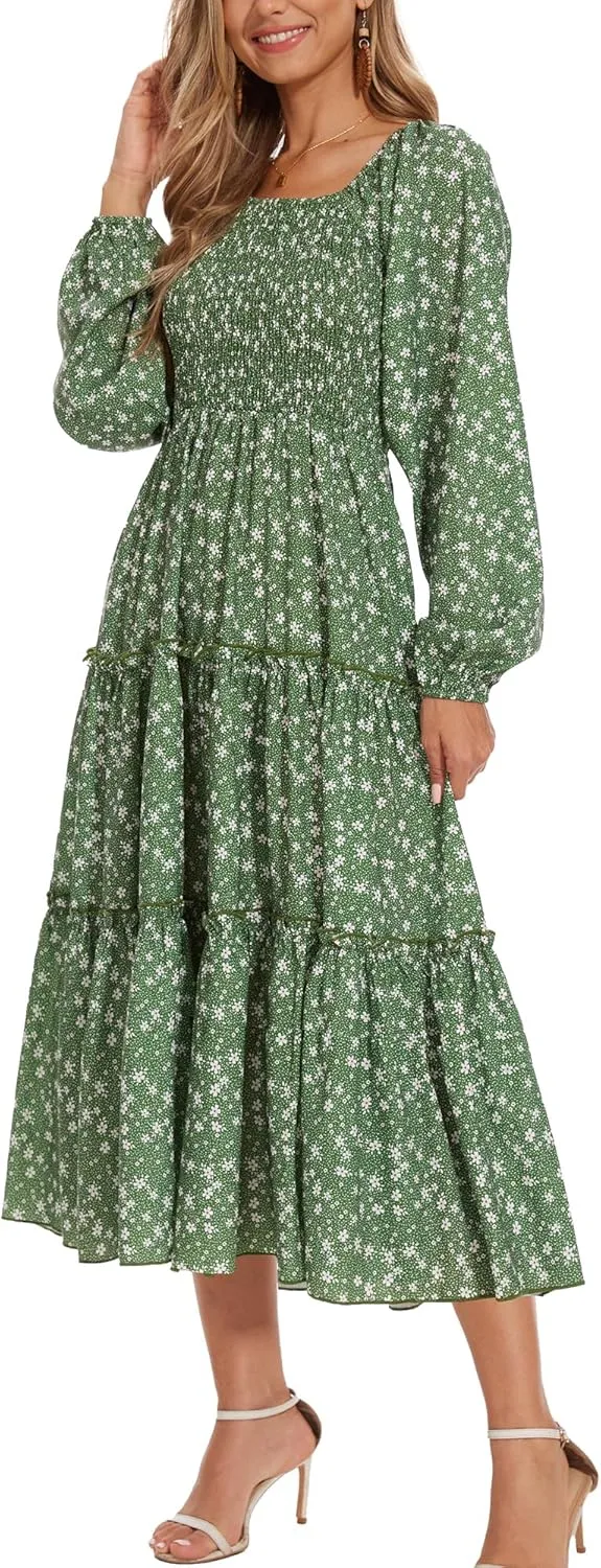 Women's Puff Long Sleeve Smocked Dress Boho Floral Tiered Square Neck Ruffle Flowy Midi Dresses with Pockets