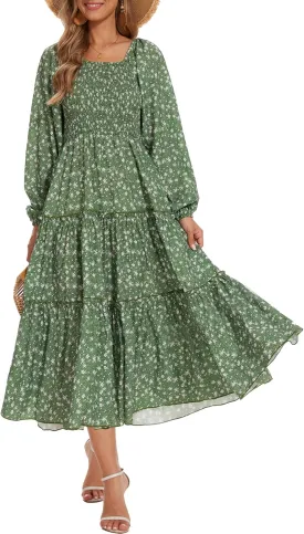 Women's Puff Long Sleeve Smocked Dress Boho Floral Tiered Square Neck Ruffle Flowy Midi Dresses with Pockets
