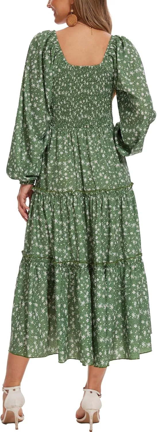 Women's Puff Long Sleeve Smocked Dress Boho Floral Tiered Square Neck Ruffle Flowy Midi Dresses with Pockets