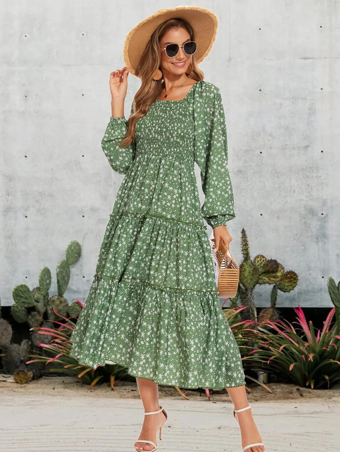 Women's Puff Long Sleeve Smocked Dress Boho Floral Tiered Square Neck Ruffle Flowy Midi Dresses with Pockets