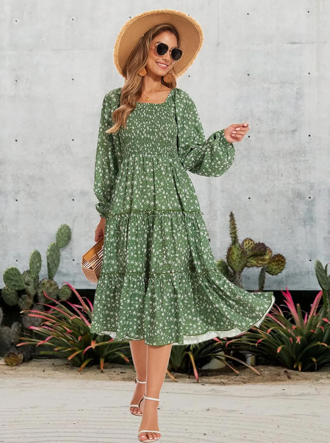 Women's Puff Long Sleeve Smocked Dress Boho Floral Tiered Square Neck Ruffle Flowy Midi Dresses with Pockets