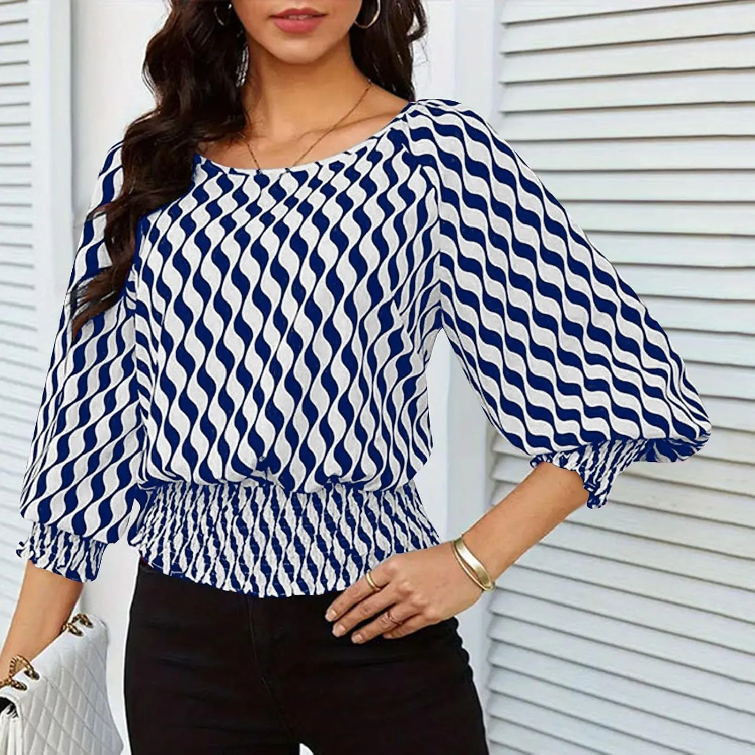 Womens Puff Sleeve Shirts Trendy 3/4 Sleeve Shirts Loose Fit Work Blouses Dressy Casual Elastic Waist Babydoll Tops