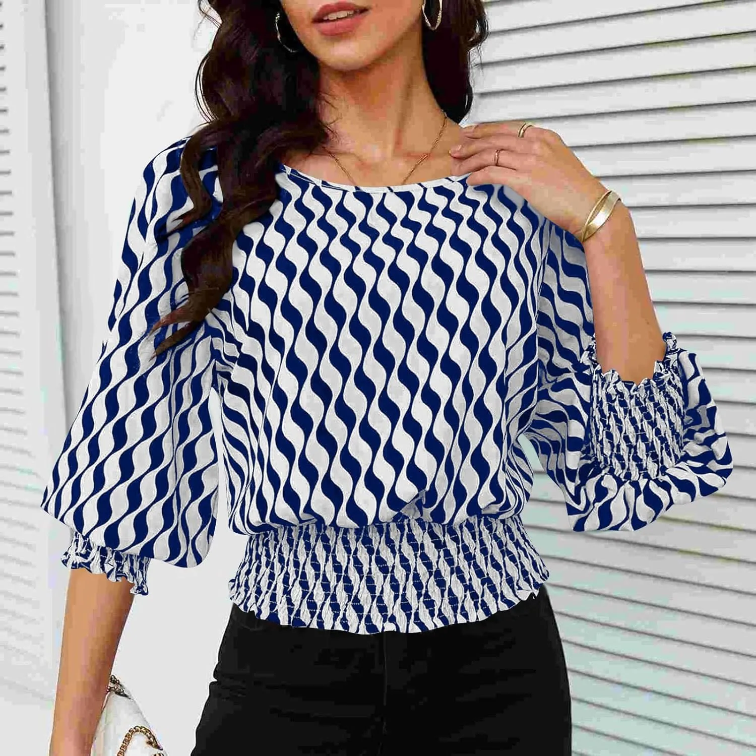 Womens Puff Sleeve Shirts Trendy 3/4 Sleeve Shirts Loose Fit Work Blouses Dressy Casual Elastic Waist Babydoll Tops