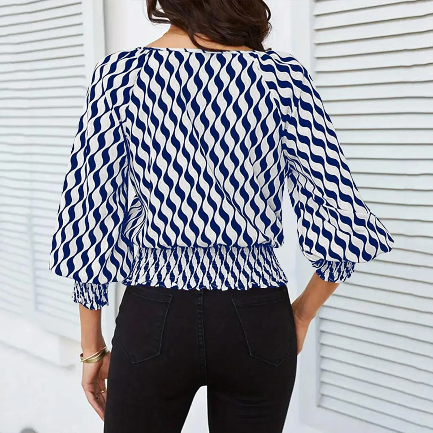 Womens Puff Sleeve Shirts Trendy 3/4 Sleeve Shirts Loose Fit Work Blouses Dressy Casual Elastic Waist Babydoll Tops