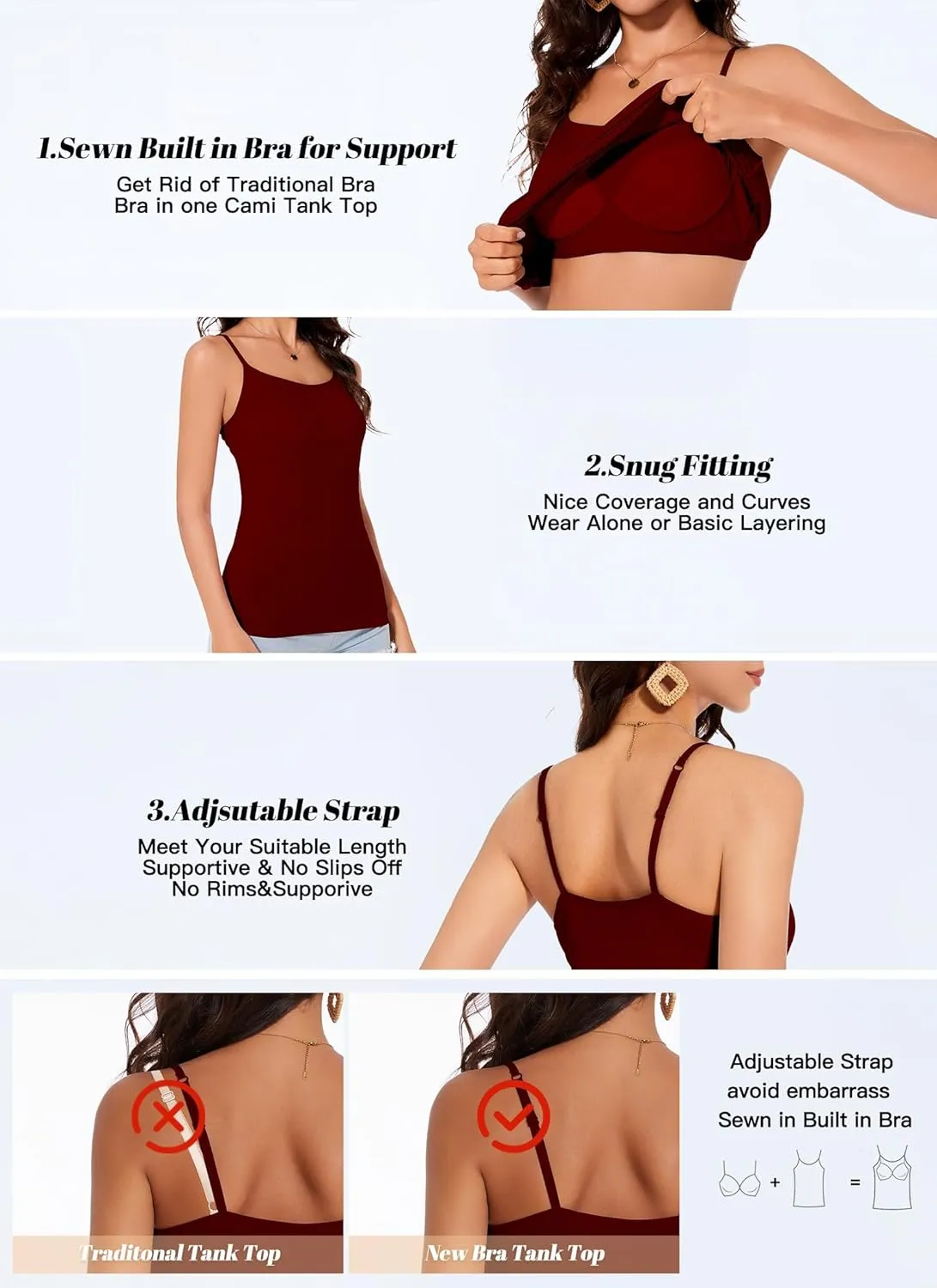 Womens Tank Tops Adjustable Strap Camisole with Built in Padded Bra Vest Sleeveless Layer Top 1/2/3 Packs