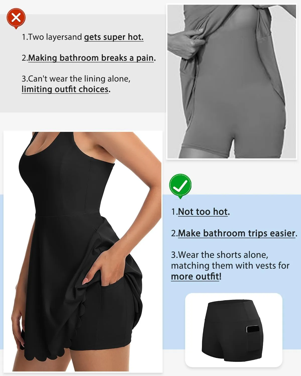 Women's Tennis Dress with Separate Shorts and Bra Square Neck Scalloped Edge Athletic Workout Dresses with Pockets