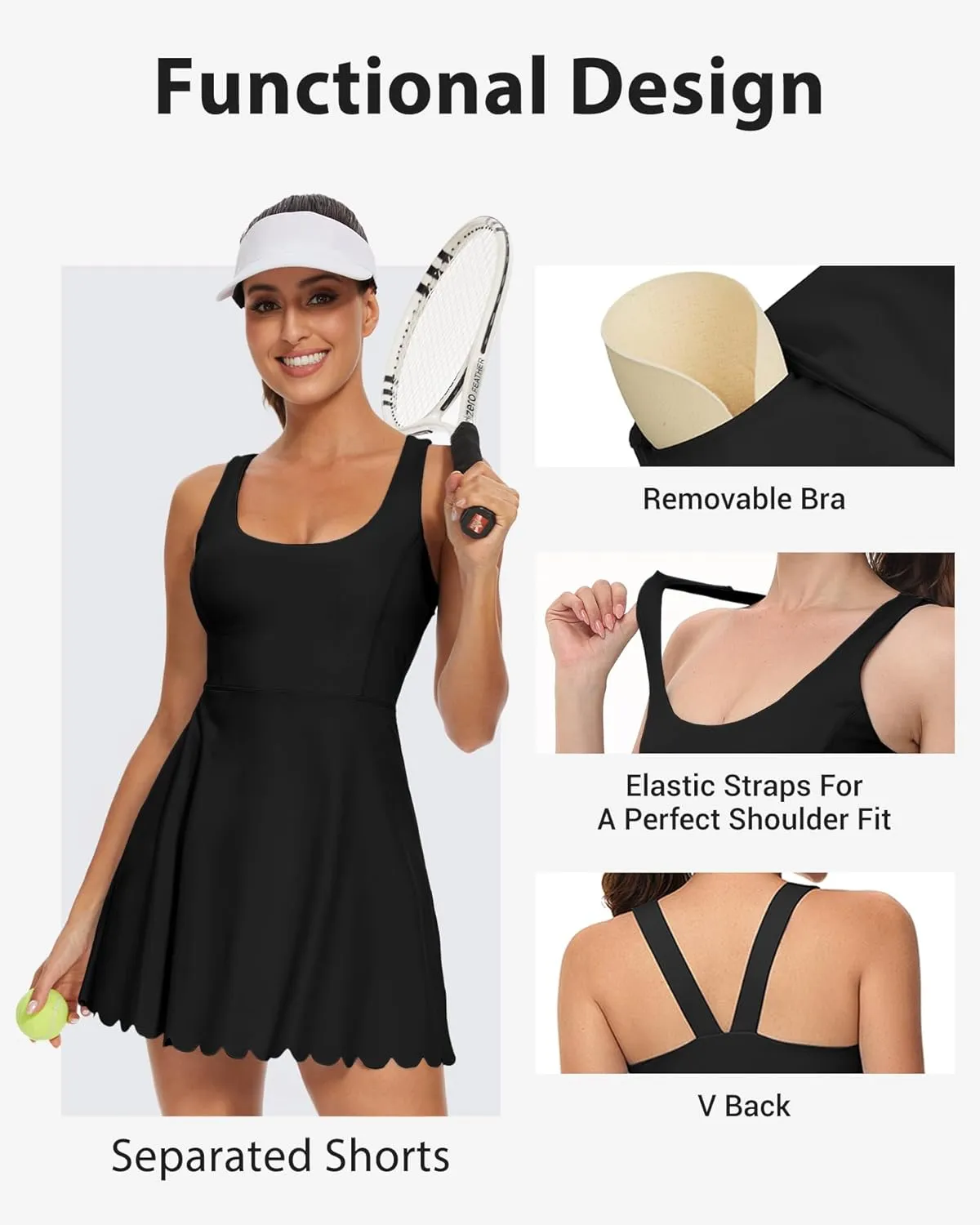 Women's Tennis Dress with Separate Shorts and Bra Square Neck Scalloped Edge Athletic Workout Dresses with Pockets