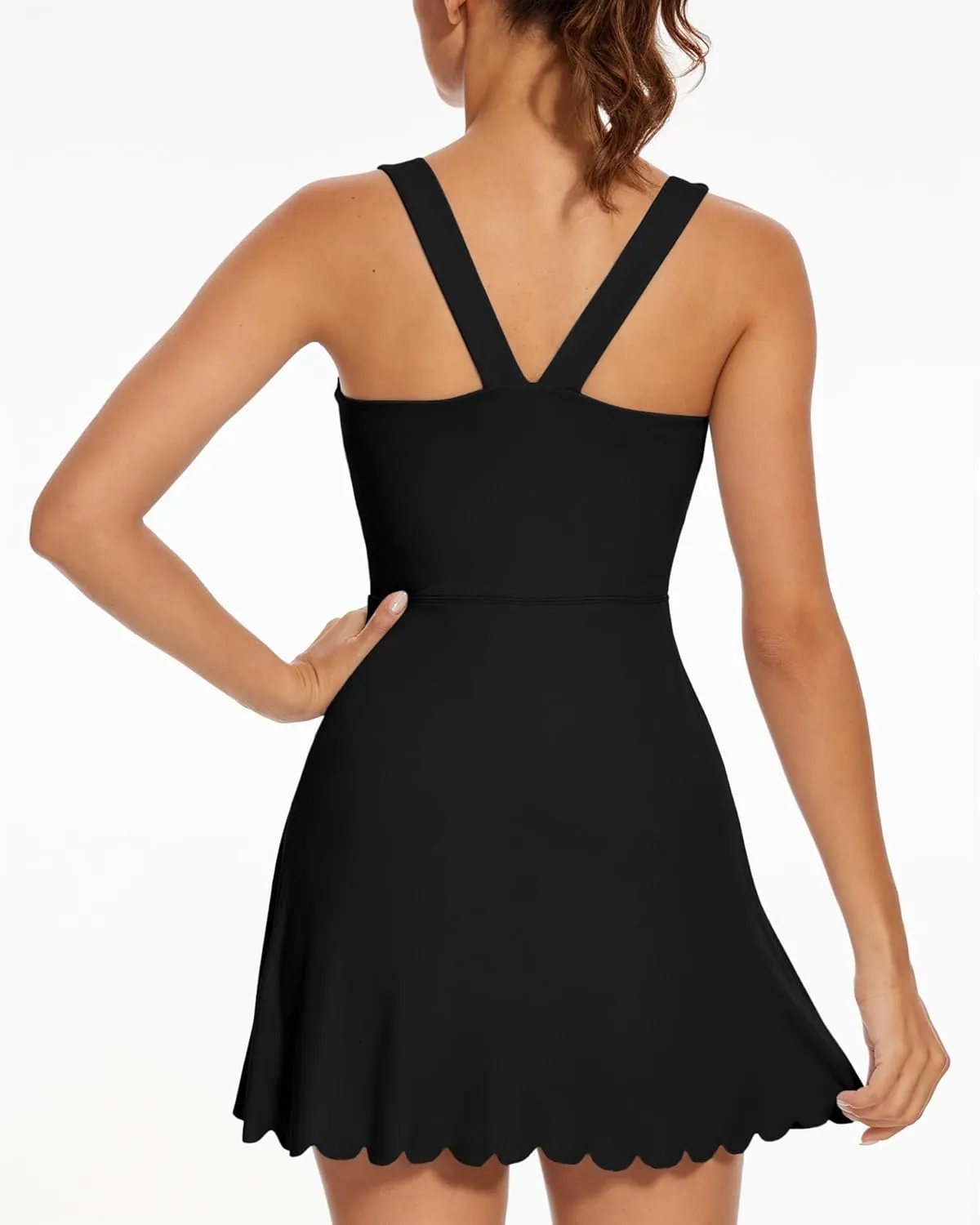 Women's Tennis Dress with Separate Shorts and Bra Square Neck Scalloped Edge Athletic Workout Dresses with Pockets