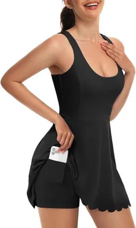 Women's Tennis Dress with Separate Shorts and Bra Square Neck Scalloped Edge Athletic Workout Dresses with Pockets