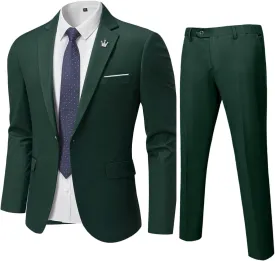 YND Men's Slim Fit 2 Piece Suit, One Button Solid Jacket Pants Set with Tie