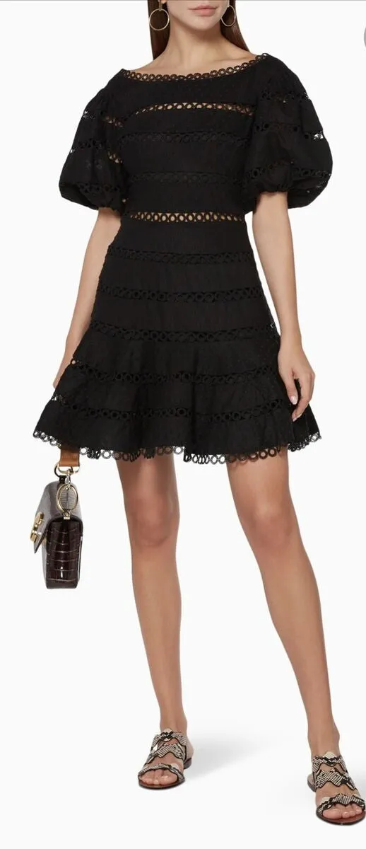 Zimmermann  Hailspot Cotton & Linen Lace Bowie Puff Sleeves Mini Dress